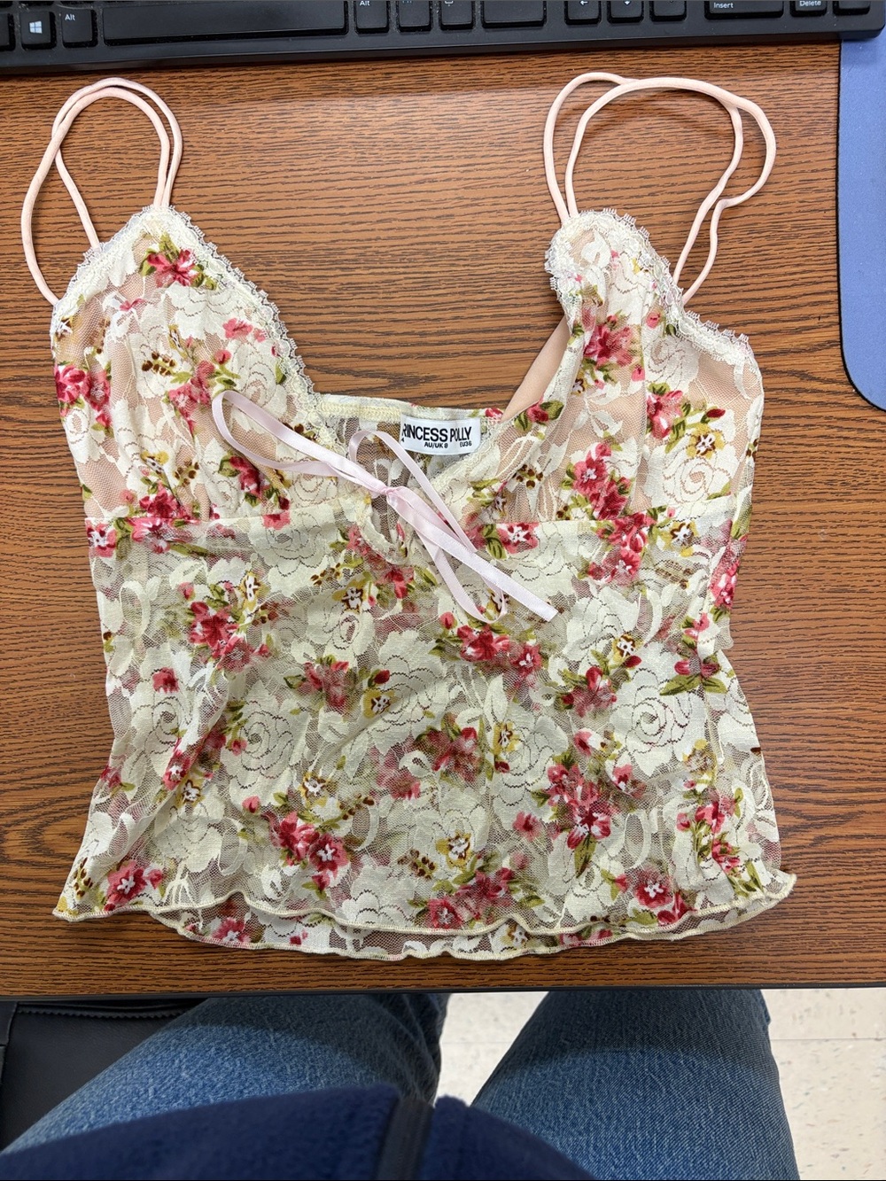 Princess Polly Floral Lace Cami in Cream with Pink Flowers